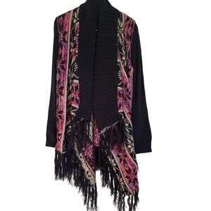 Bohemian Open-Front Long Fringe Cardigan Colorful Geometric Pattern Shawl M